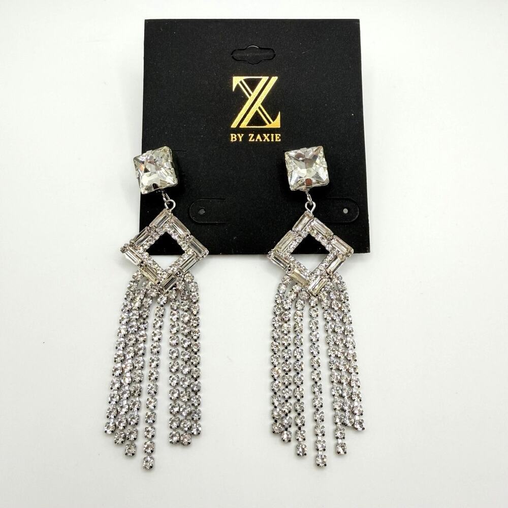 Z By Zaxie Crystal Fringe Chandelier Earrings Rhinestone Statement Glam - Picture 2 of 4